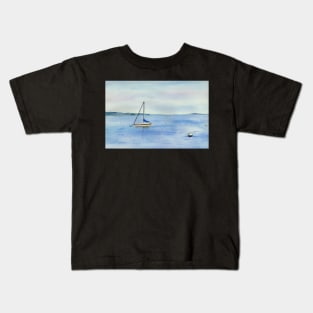 Boat in Maine Watercolor Art Kids T-Shirt